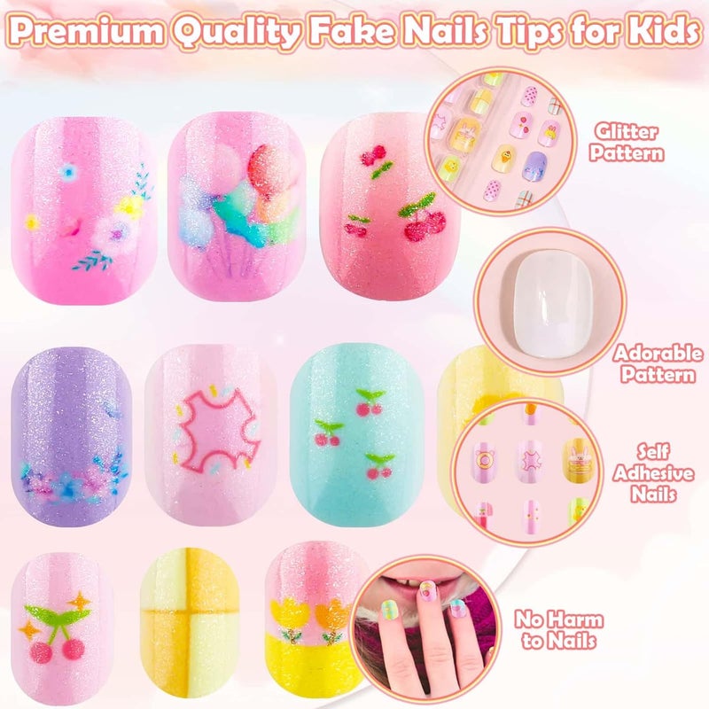 Thrilez 144 Pcs Kids Press on Nails - Short Acrylic Fake Nails with Cute Designs for Girls Age 8-12, Easy Stick On Nail Art Kit (A) - Image 4
