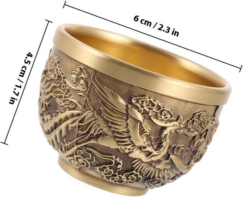 Vintage Copper Dragon Phoenix Tea Cups Set, 2pcs Small Embossed Drinking Mugs for Chinese Tea Ceremony and Restaurant Decor - Image 2