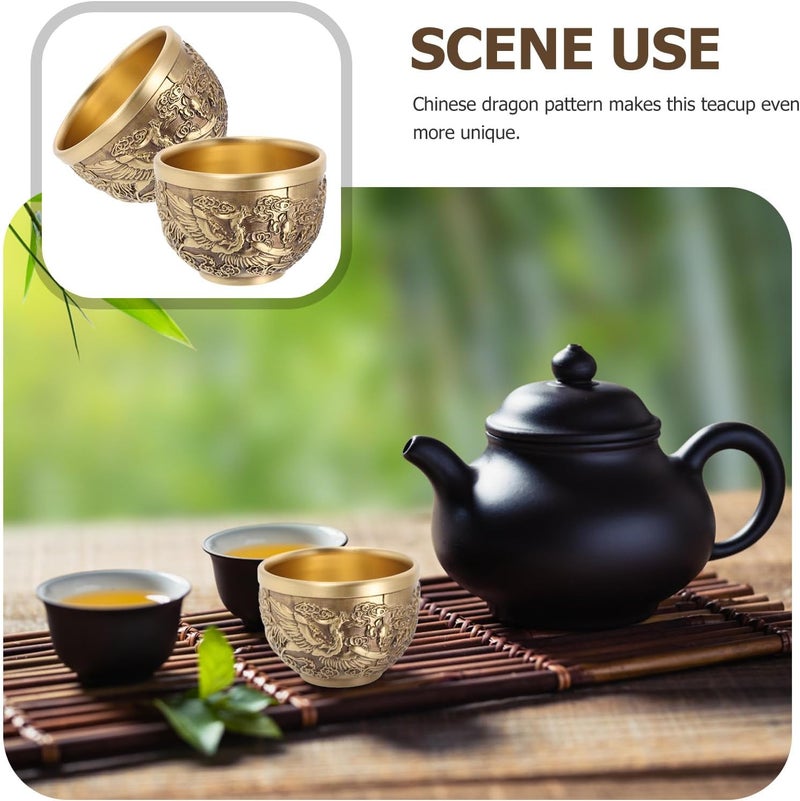 Vintage Copper Dragon Phoenix Tea Cups Set, 2pcs Small Embossed Drinking Mugs for Chinese Tea Ceremony and Restaurant Decor - Image 3
