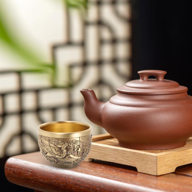 Vintage Copper Dragon Phoenix Tea Cups Set, 2pcs Small Embossed Drinking Mugs for Chinese Tea Ceremony and Restaurant Decor - Image 5
