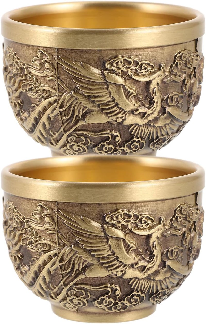 Vintage Copper Dragon Phoenix Tea Cups Set, 2pcs Small Embossed Drinking Mugs for Chinese Tea Ceremony and Restaurant Decor - Image 1