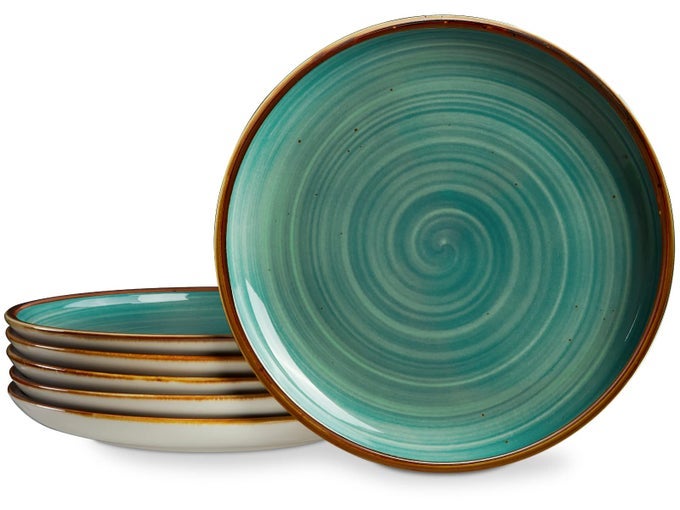 CERAMIC DINNER PLATES SET OF 6 85 INCH SMALL STONEWARE PLATES FOR APPETIZER SALAD AND DESSERT OVEN MICROWAVE AND DISHWASHER SAFE PLATE STACKABLE RUSTIC KITCHEN PORCELAIN DISH TEAL