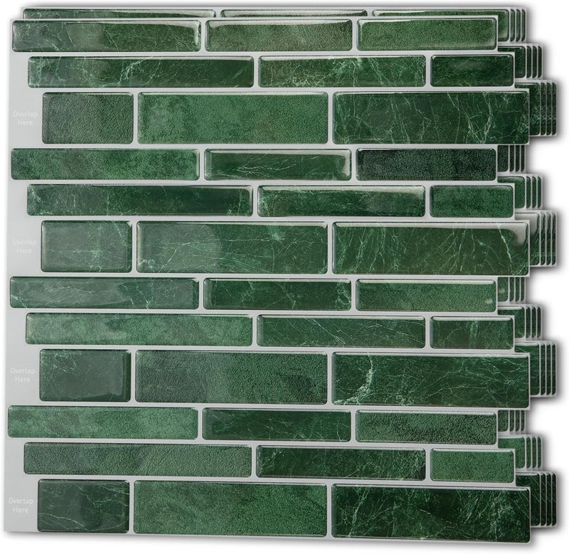 Art3d 10-Sheet Peel and Stick Backsplash Tile, Vinyl Stick On Wall Tile for Kitchen Bathroom Laundry Room, Marble Design 12" x 12" - Green - Image 1
