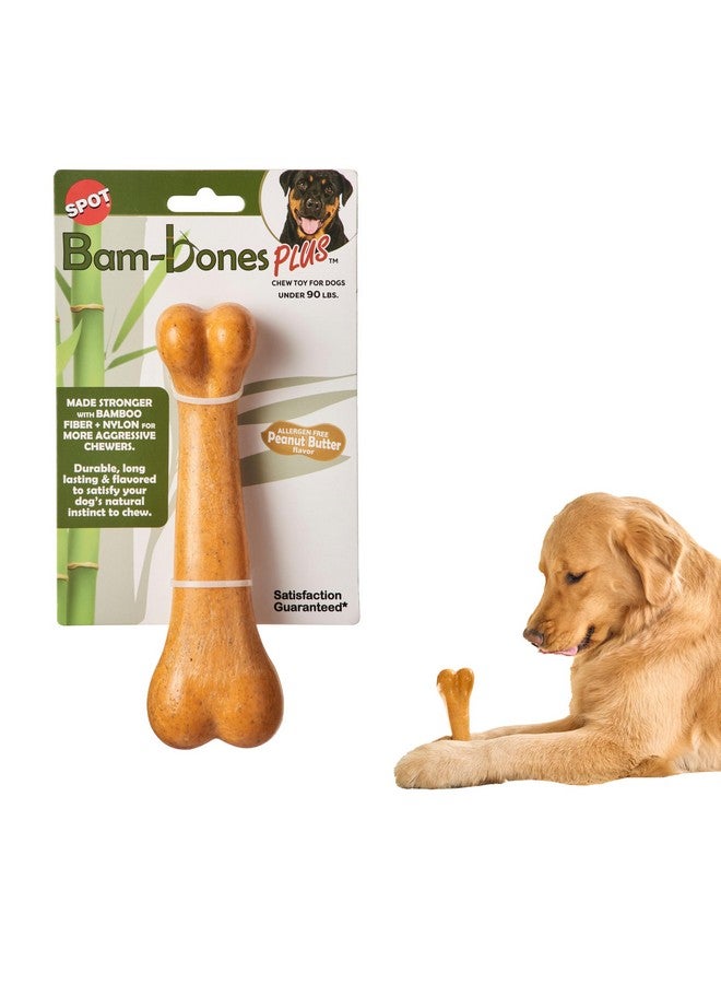 spot SPOT Bam-Bones Plus Dino Bone - Bamboo Fiber & Nylon, Durable Long Lasting Dog Chew for Aggressive Chewers - Great Toy for Dogs Under 90lbs, Non-Splintering, 7.25in Peanut Butter Flavor Allergen Free  - Image 1