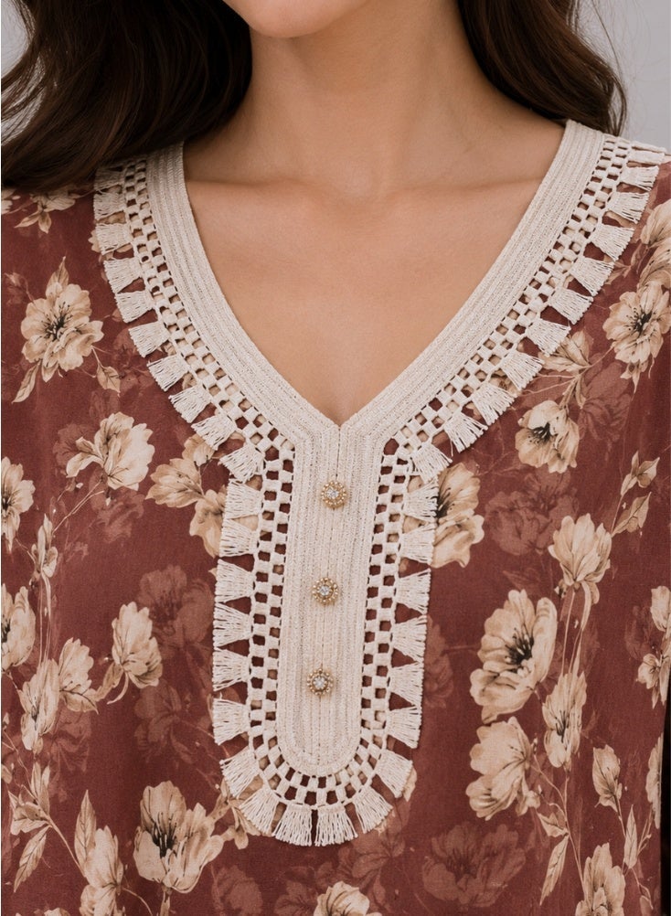 Comfort Women’s Maroon Floral Maxi Jalabiya Nightdress – Rose Print Lounge Kaftan with Crochet Lace V-Neck, Button Detail and Wide Half Sleeves - Image 4