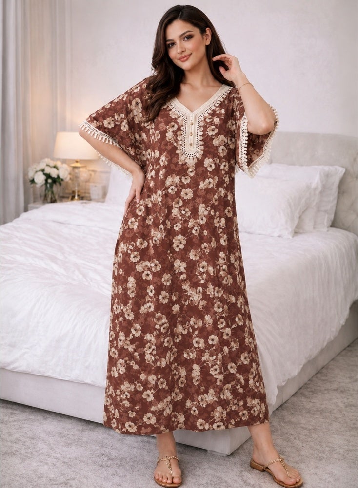Comfort Women’s Maroon Floral Maxi Jalabiya Nightdress – Rose Print Lounge Kaftan with Crochet Lace V-Neck, Button Detail and Wide Half Sleeves - Image 2