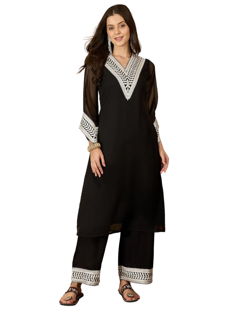 EthnicJunction Women's Georgette Embridered Straight Kurta Palazzo Set | Ethnic Set| Black Kurta Set Kurta Set - Image 1
