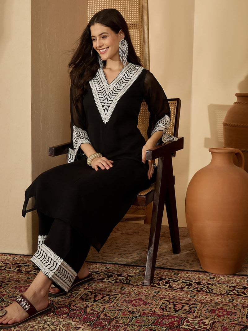 EthnicJunction Women's Georgette Embridered Straight Kurta Palazzo Set | Ethnic Set| Black Kurta Set Kurta Set - Image 5