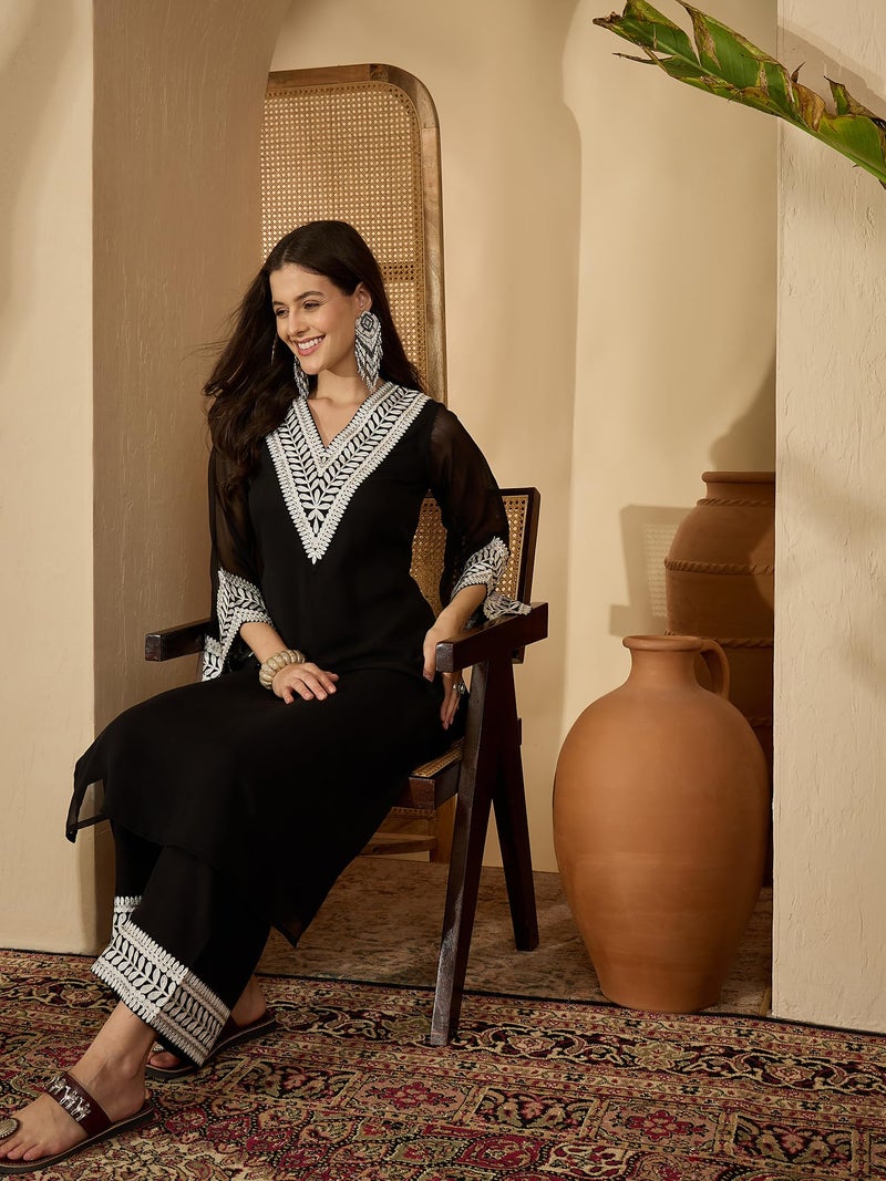 EthnicJunction Women's Georgette Embridered Straight Kurta Palazzo Set | Ethnic Set| Black Kurta Set Kurta Set - Image 2