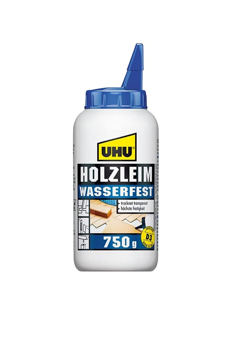 UHU HOLZLEIM WASSERFEST WOOD GLUE, D3 water resistant white glue - suitable for all bonding common types of wood, bottle, 750 g, dries Transparent, adhesive for DIY, building, repair and model making - Image 1