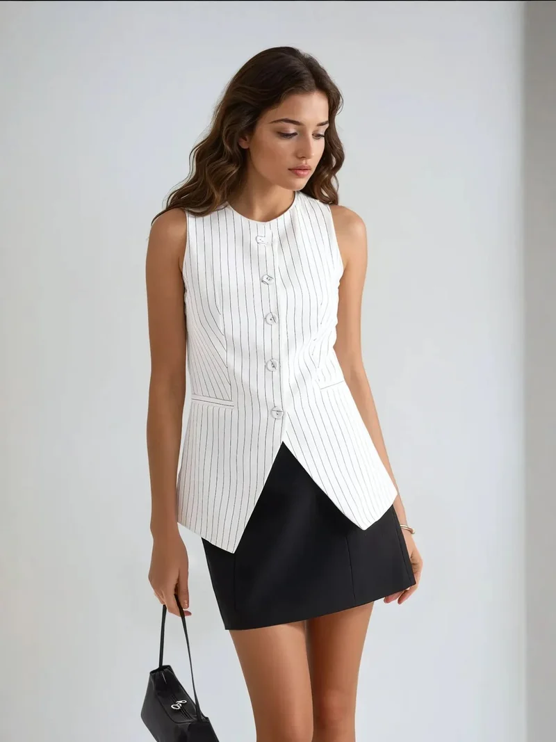 هيكاب سترة بياقة مستديرة بأزرار وخطوط