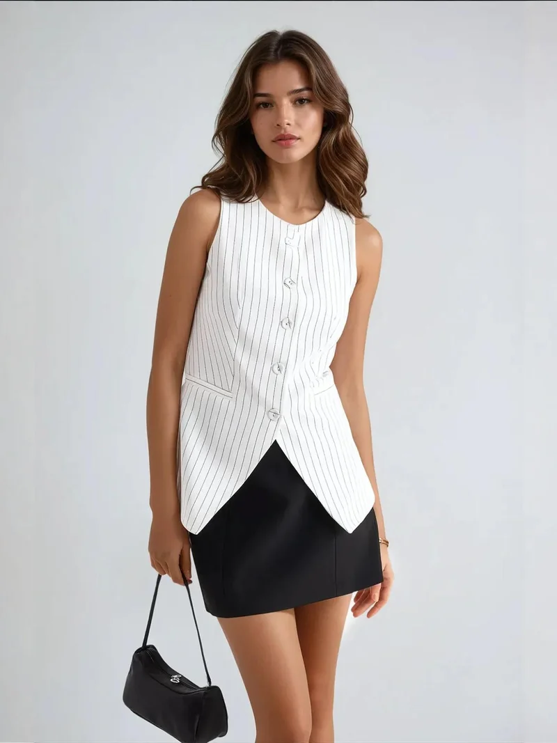 هيكاب سترة بياقة مستديرة بأزرار وخطوط