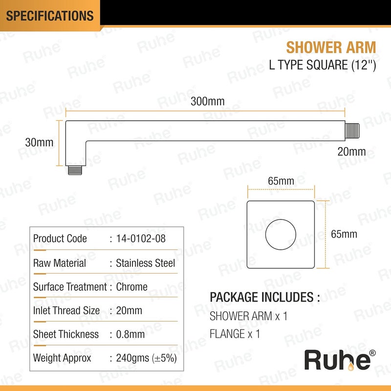 RUHE Ruhe 12 Inches Square Shower Arm Premium Grade Stainless Steel L Type Square Shower Arm Chrome Finish - Image 2