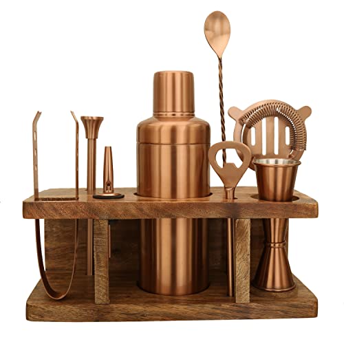 HAINE Stainless Steel Bartender Kit with Stand, 9-Pieces Cocktail Shaker Set with Stylish Bamboo Stand, Perfect Home Professional Cocktail Shaker Set, Awesome Drink Mixing Bar Set Tools - Image 1
