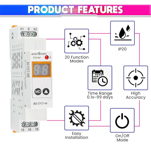 amiciSmart Multi-Functional On, Off Delay, Cycle Timer Switch, 0.1 sec to 99 Days Range with 20 Function Modes, AC/DC Time Relay (16A) - Image 3
