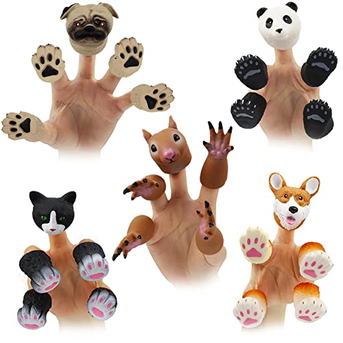 MIMIDOU Cute Animal Finger Puppets Toys 5 Set, Panda, Squirrel, cat, Shiba Inu, Pug, Role-Telling Animal Puppets, an Excellent Gift for Kids. - Image 1