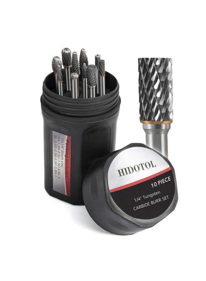 HIDOTOL Carbide Burr Set 1/4" Shank 10PC Tungsten Double Cut Carbide Rotary Burr Set for Metal and Wood Carving, Grinding, Polishing, Engraving, Drilling in Sturdy Round Case. - Image 1