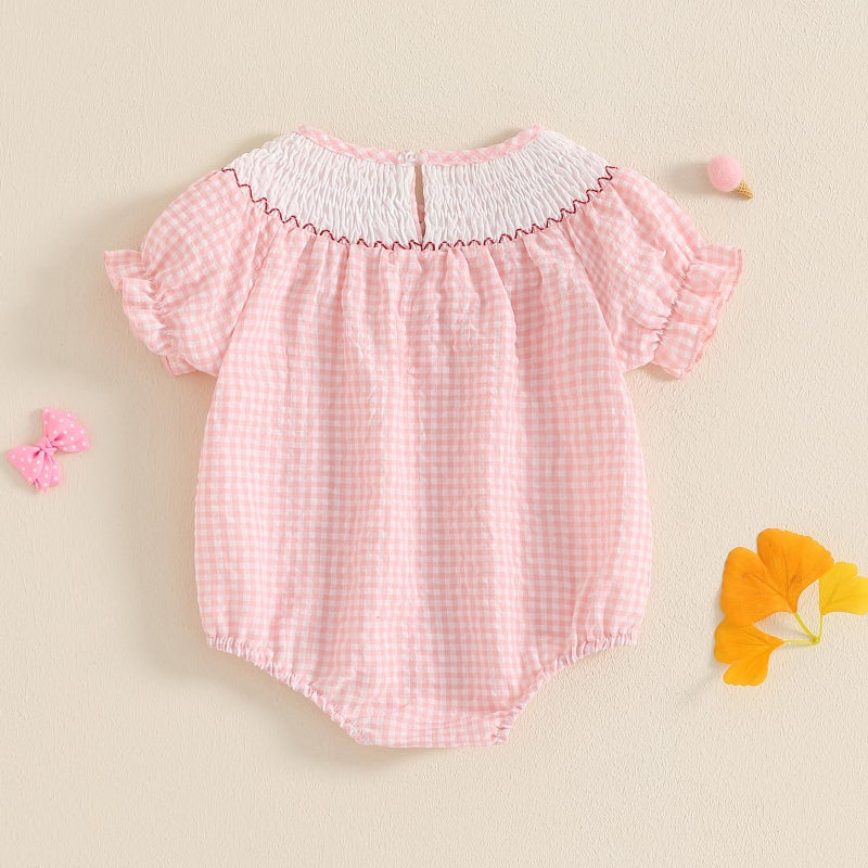 Licupiee Baby Girl Smocked Western Romper Short Sleeve Bubble Rompers Summer Clothes Plaid Print Embroidery Bow Bodysuit Tops (Pink, 3-6 Months) - Image 4