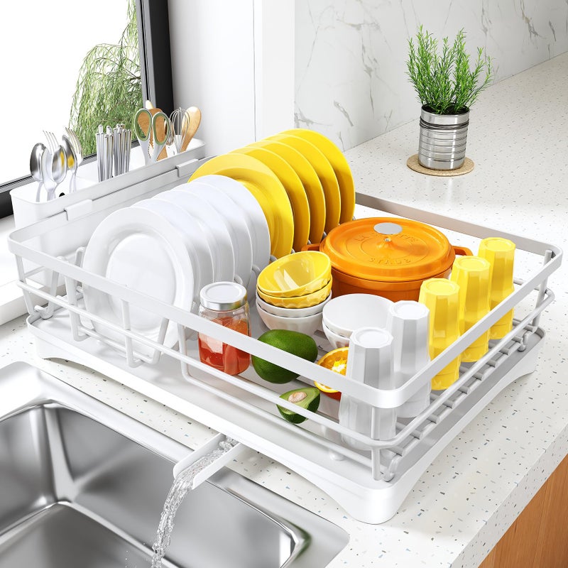 SNTD Dish Drying Rack for Kitchen Counter - Large Dish Rack with Drainboard, Rustproof Dish Drainer with Utensil Holder for Sink, White - Image 1