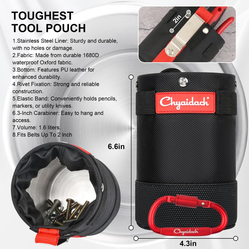 Chyaidach Tool Belt Pouch with Belt Clip, Steel Liner & Carabiner, Clip On Tool Pouch Bag for Nails, Screws â€“ Fits All Belts, Backpack & Bag â€“ Ideal for Carpenter, Electrician, Contractor - Image 4