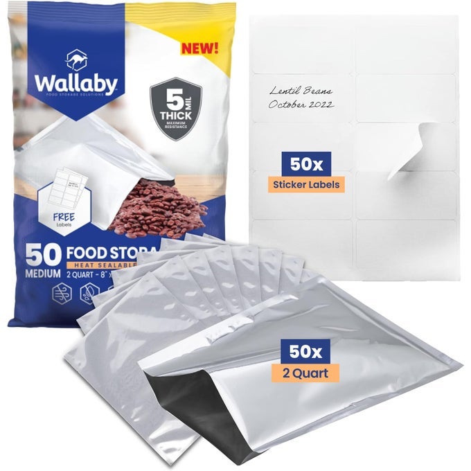 50 COUNT 2QUART MYLAR BAGS WITH LABELS 10 MIL TOTAL THICKNESS LONGTERM FOOD STORAGE POUCHES 8X12 HEATSEALABLE AIRTIGHT PACKAGING SILVER