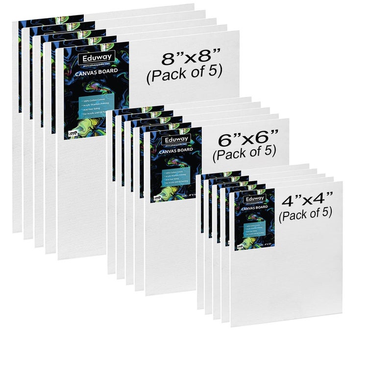 Eduway® Canvas Board for Painting- (4x4, 6x6, 8x8) 5 pcs Each 7Oz Pre-Primed Cotton Canvas Board for Artists & Beginners | Ideal for Acrylic (Pack of 15) (10x10, 15x15, 20x20 cms). - Image 1
