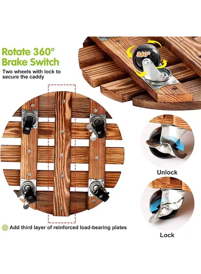 HOMESTAR Wooden Rolling Plant Stand with Wheels - Round Mobile Flower Pot Tray Holder, Rustic Decor for Indoor & Outdoor Garden, Easy Move - Image 2