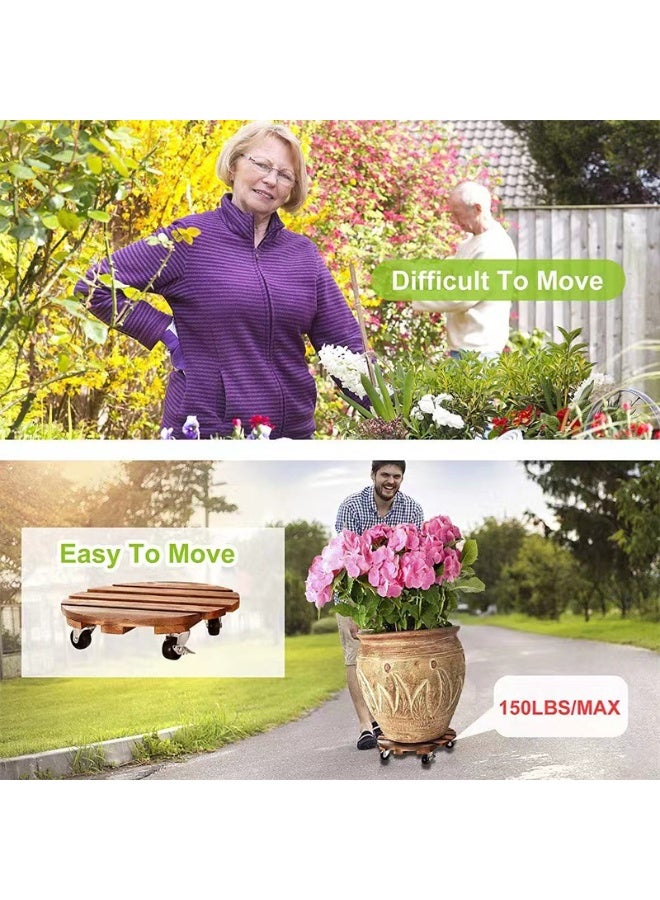 HOMESTAR Wooden Rolling Plant Stand with Wheels - Round Mobile Flower Pot Tray Holder, Rustic Decor for Indoor & Outdoor Garden, Easy Move - Image 5