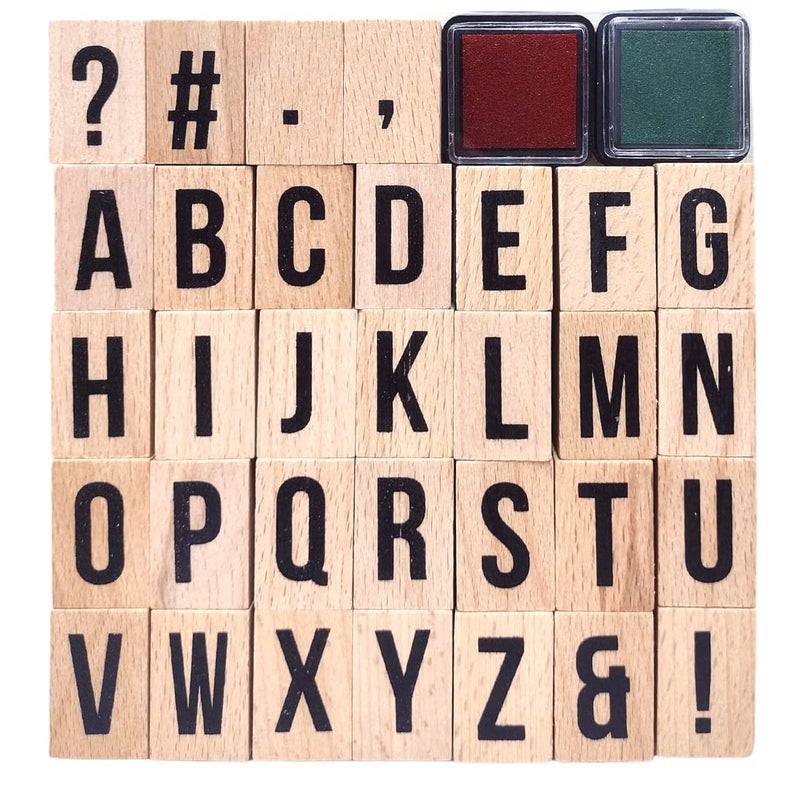 Oytra Oytra 32 Letters Rubber Stamps Alphabet Special Characters Wooden Body with Ink Pad ABCD for Journaling Scrapbooking Art Craft Decor Decoration Gift  - Image 1