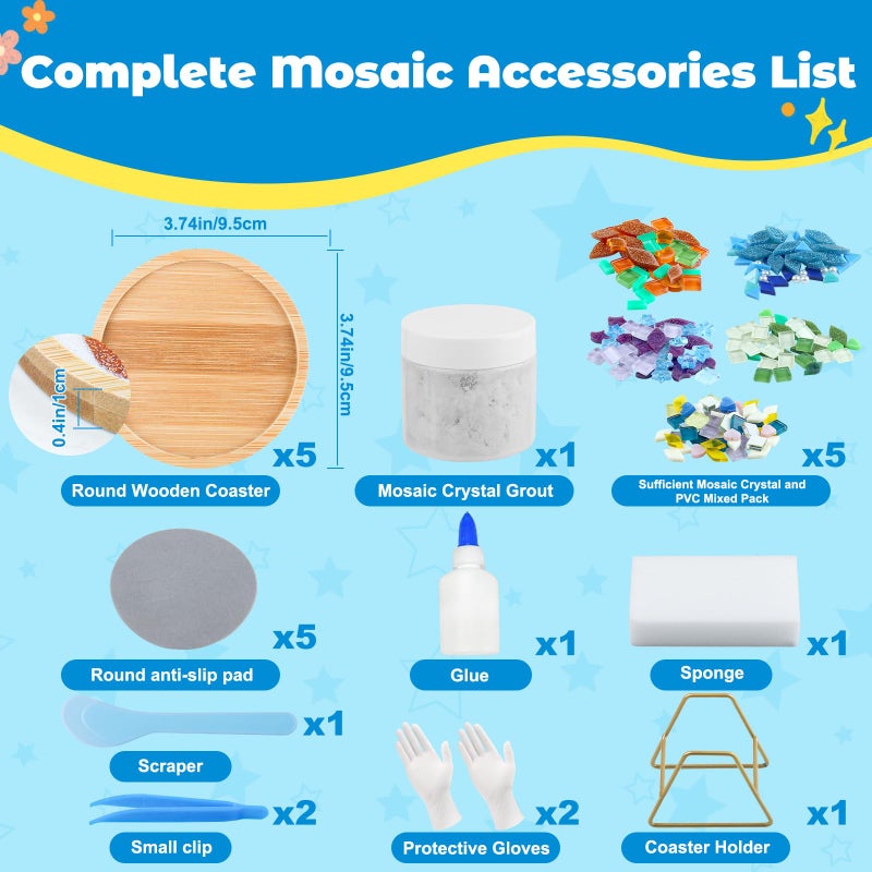 Karidge 5 Sets DIY Mosaic Tiles for Crafts, Mixed Color Mosaic Coaster Kit Material Package for Adults Women, Wooden Coaster for Drinks Tray Handmade Home Decoration and Gift Idea - Image 2