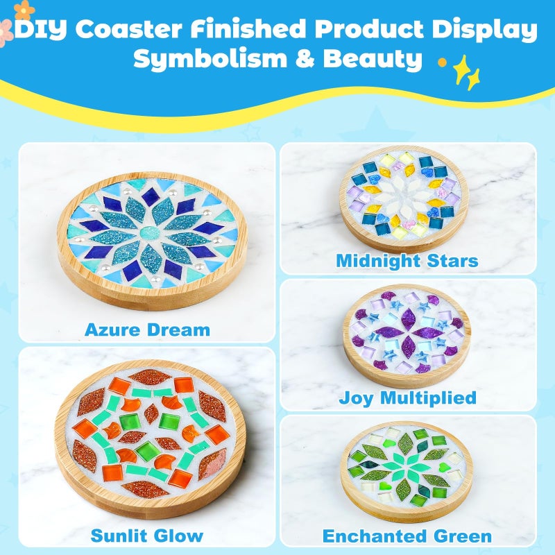 Karidge 5 Sets DIY Mosaic Tiles for Crafts, Mixed Color Mosaic Coaster Kit Material Package for Adults Women, Wooden Coaster for Drinks Tray Handmade Home Decoration and Gift Idea - Image 5