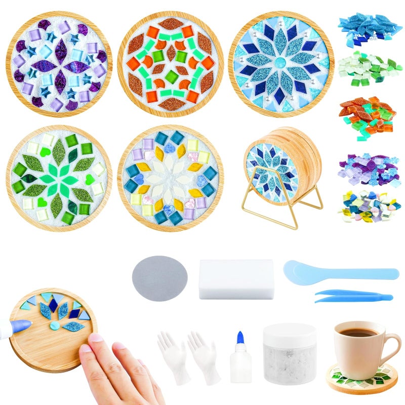 Karidge 5 Sets DIY Mosaic Tiles for Crafts, Mixed Color Mosaic Coaster Kit Material Package for Adults Women, Wooden Coaster for Drinks Tray Handmade Home Decoration and Gift Idea - Image 1