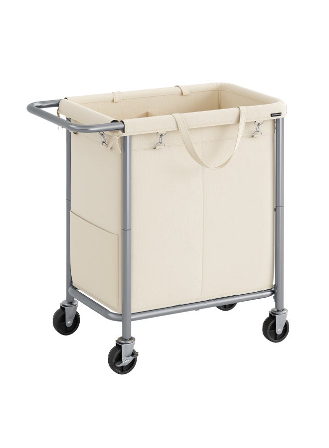 SONGMICS Laundry Basket on Wheels, 2-Compartment Laundry Hamper, 37 Gallons (140L), Removable Liner, Steel Frame with Handle, Large Linen Storage, 69 x 39 x 81 cm, Cream White - Image 1