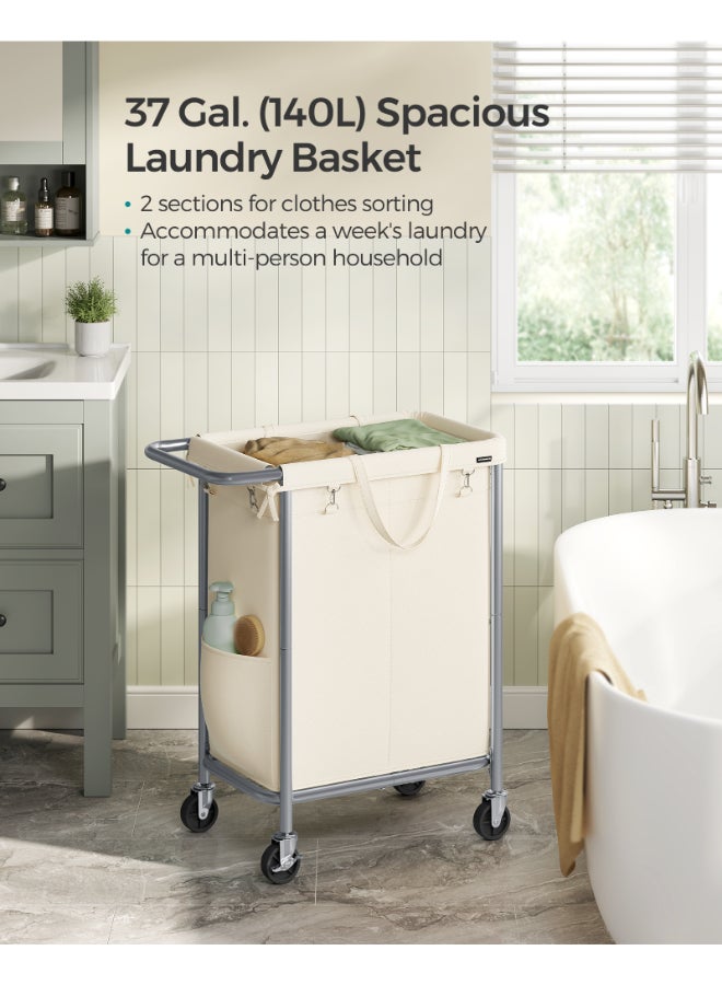 SONGMICS Laundry Basket on Wheels, 2-Compartment Laundry Hamper, 37 Gallons (140L), Removable Liner, Steel Frame with Handle, Large Linen Storage, 69 x 39 x 81 cm, Cream White - Image 3
