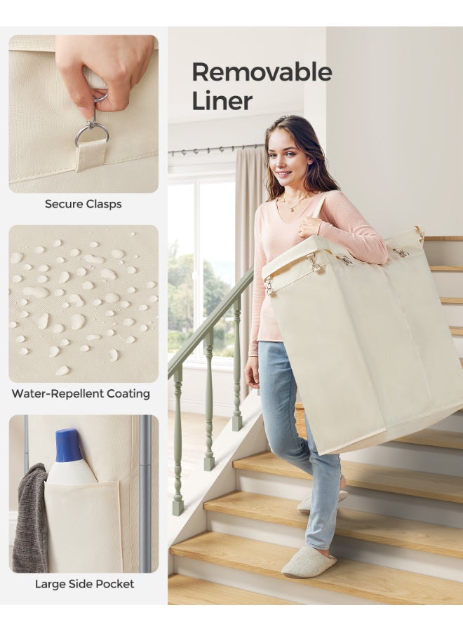 SONGMICS Laundry Basket on Wheels, 2-Compartment Laundry Hamper, 37 Gallons (140L), Removable Liner, Steel Frame with Handle, Large Linen Storage, 69 x 39 x 81 cm, Cream White - Image 4