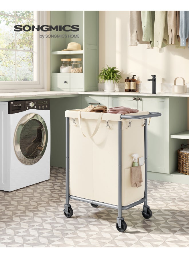 SONGMICS Laundry Basket on Wheels, 2-Compartment Laundry Hamper, 37 Gallons (140L), Removable Liner, Steel Frame with Handle, Large Linen Storage, 69 x 39 x 81 cm, Cream White - Image 2