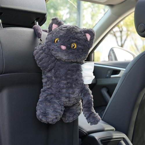 WASTROYAL Cute Cat Car Tissue Holder Plush Kitten Paper Box for Backseat Adorable Hanging Organizer & Decor for Women Pet Lovers & Gifts (Black) - Image 1