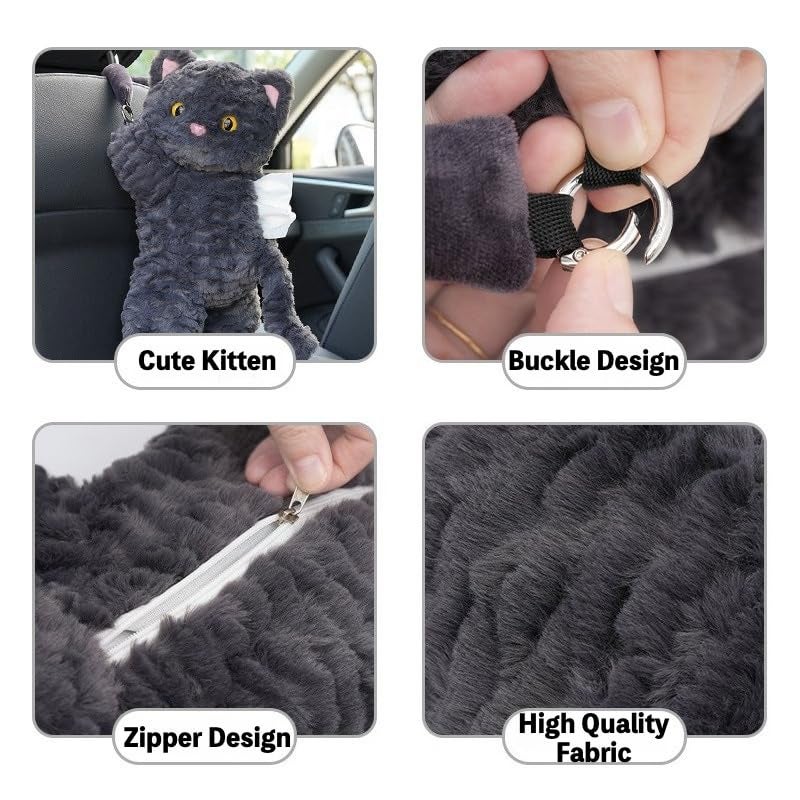 WASTROYAL Cute Cat Car Tissue Holder Plush Kitten Paper Box for Backseat Adorable Hanging Organizer & Decor for Women Pet Lovers & Gifts (Black) - Image 3