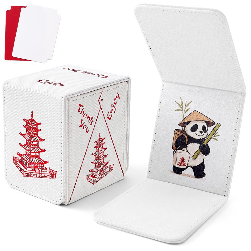 Venssu Chinese Takeout MTG Deck Box, Commander Deck Case Fits 100 Double Sleeved Cards, PU Leather Storage Box with 2 Dividers(Bright Red and White), Compatible with TCG/PTCG/EDH/Magic/Sport Cards - Image 1