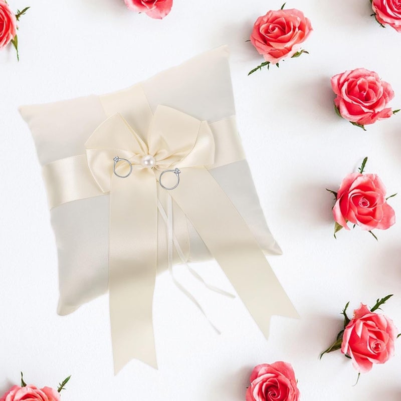 Garneck Wedding Ring Pillow with Floral Basket and Ribbon Bow White Ring Cushion for Wedding Ceremony and Proposal for Flower and Bridal Event - Image 5