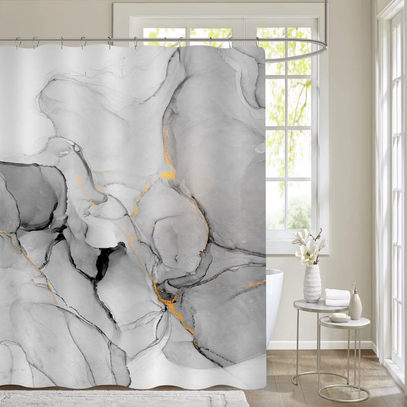 Gibelle Grey Marble Shower Curtain Set Abstract Silver Gold Stripes Fabric Modern Ink Art Decor Waterproof for Bathroom 71x71