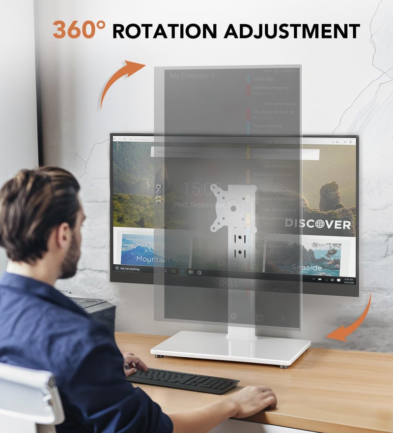 Hemudu Single LCD Computer Monitor Free-Standing Desk Stand Riser for 13 inch to 32 inch Screen with Swivel, Height Adjustable, Rotation, Holds One (1) Screen up to 77Lbs(HT05W-001) White - Image 4