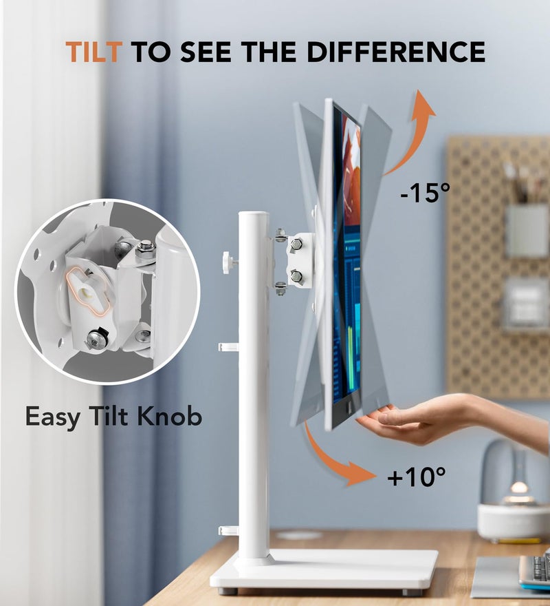 Hemudu Single LCD Computer Monitor Free-Standing Desk Stand Riser for 13 inch to 32 inch Screen with Swivel, Height Adjustable, Rotation, Holds One (1) Screen up to 77Lbs(HT05W-001) White - Image 5