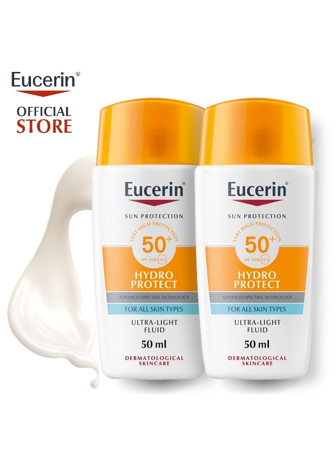 Eucerin Pack Of 2 Sunscreen Hydro Protect Face Ultra Light Fluid, High UVA/UVB Protection, SPF 50+ 50ml For all skin types skincare - Image 1