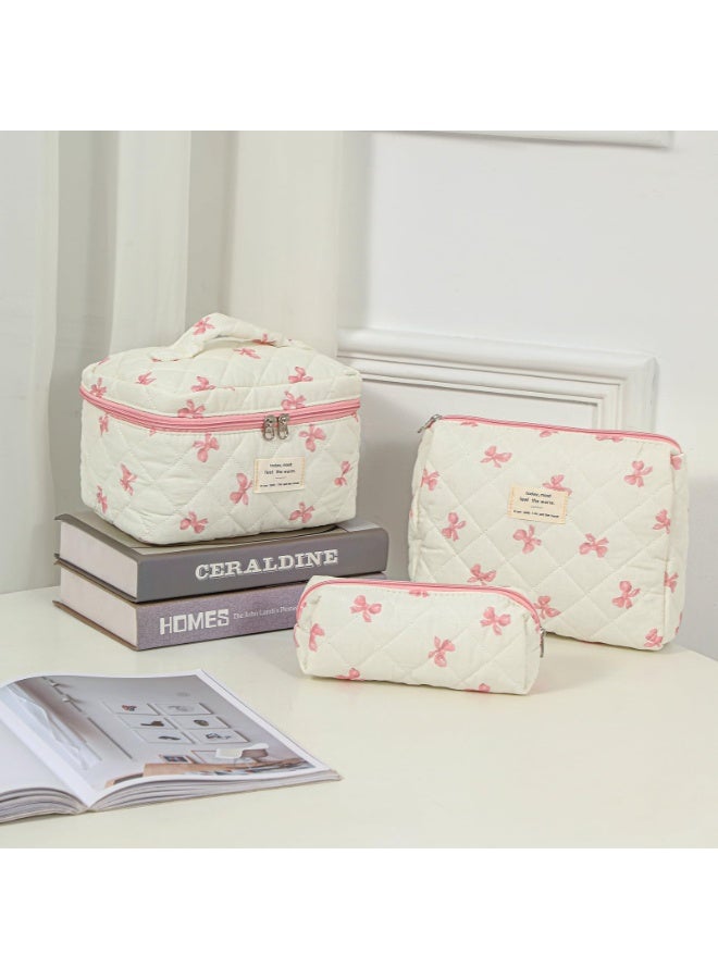 OSHIMA Large Quilted Cosmetic Bag, Makeup Bag, Big Bow Tie Make Up Bag for Women Girls, Bow Tie Cotton Cosmetic Bag, Flower Travel Toiletry Organizer Bag - Image 4
