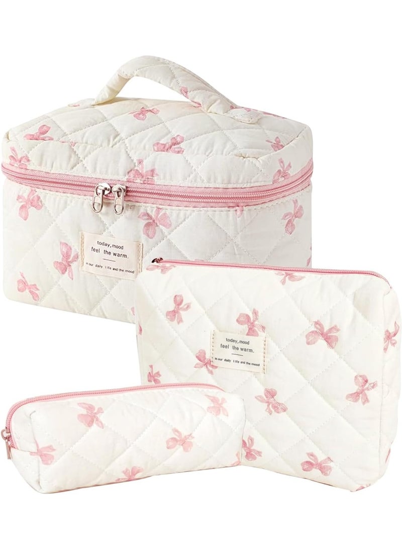 OSHIMA Large Quilted Cosmetic Bag, Makeup Bag, Big Bow Tie Make Up Bag for Women Girls, Bow Tie Cotton Cosmetic Bag, Flower Travel Toiletry Organizer Bag - Image 1