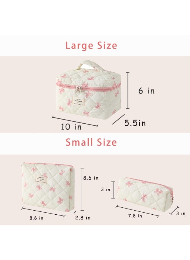 OSHIMA Large Quilted Cosmetic Bag, Makeup Bag, Big Bow Tie Make Up Bag for Women Girls, Bow Tie Cotton Cosmetic Bag, Flower Travel Toiletry Organizer Bag - Image 3