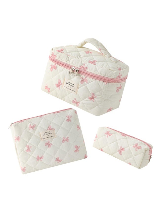 OSHIMA Large Quilted Cosmetic Bag, Makeup Bag, Big Bow Tie Make Up Bag for Women Girls, Bow Tie Cotton Cosmetic Bag, Flower Travel Toiletry Organizer Bag - Image 2