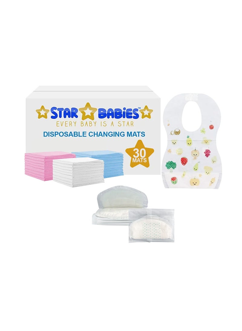 STAR BABiES Star Babies Combo Pack (Disposable Changing mat 30pcs, Disposable Bibs 30pcs with  Disposable Breast Pad 5pcs) - Assorted  - Image 1