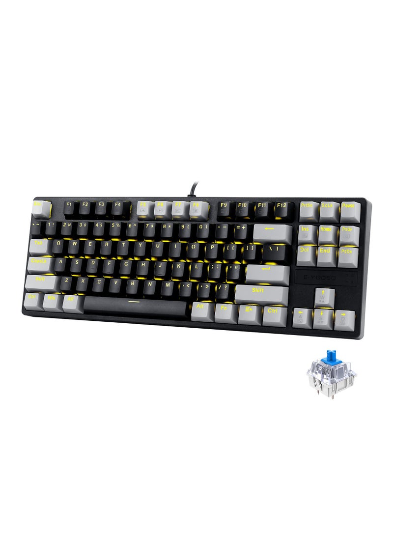 E-YOOSO Z-87 87 Keys Mechanical Keyboard, Blue Switch Gaming Keyboard Mini Compact with Yellow Backlit for Windows, Mac OS - Black Grey  - Image 1